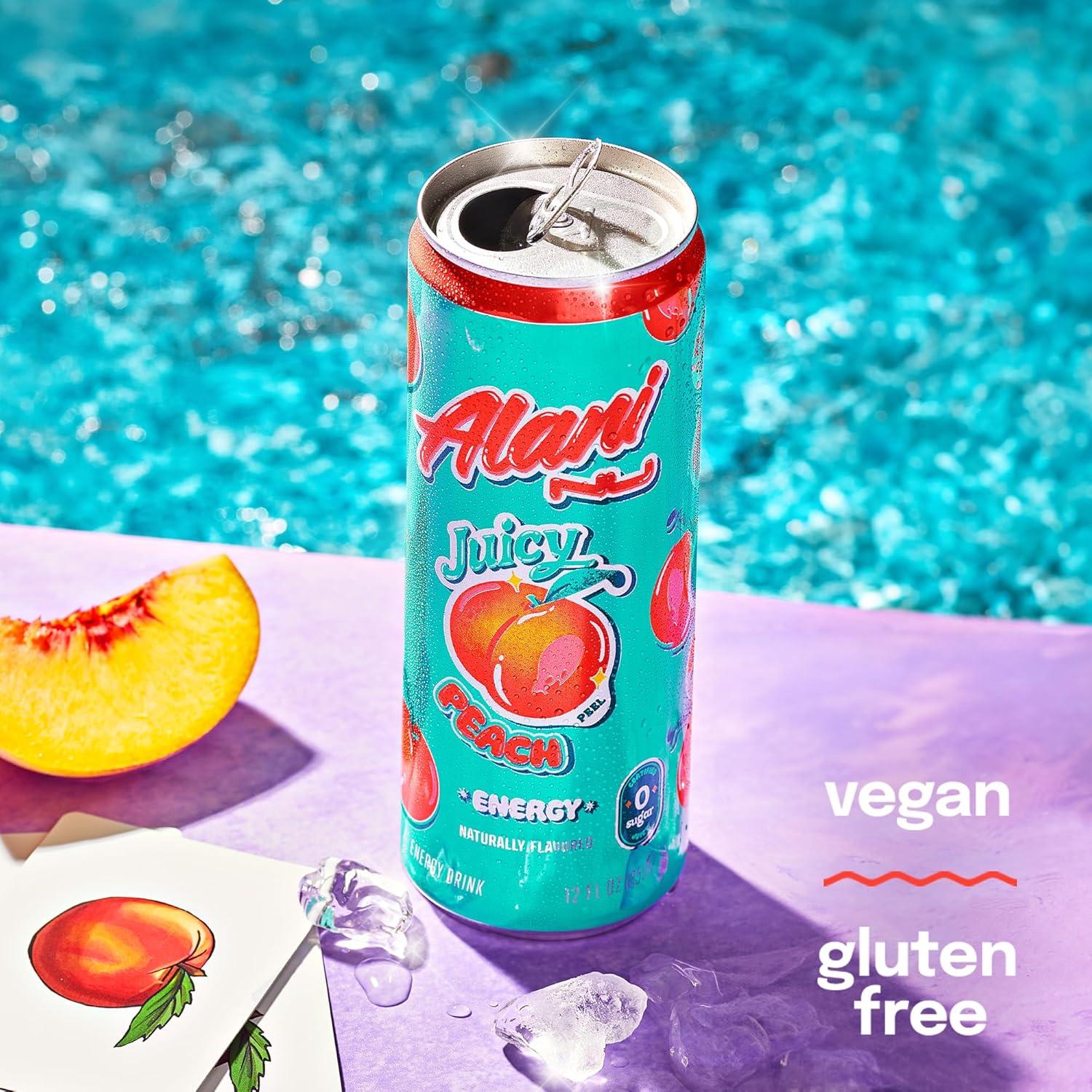 imageAlani Nu JUICY PEACH Sugar Free Low Calorie Energy Drinks 200mg Caffeine Biotin B Vitamins Zero Sugar 10 Calories 12 Fl Oz Cans 12 PackJuicy Peach