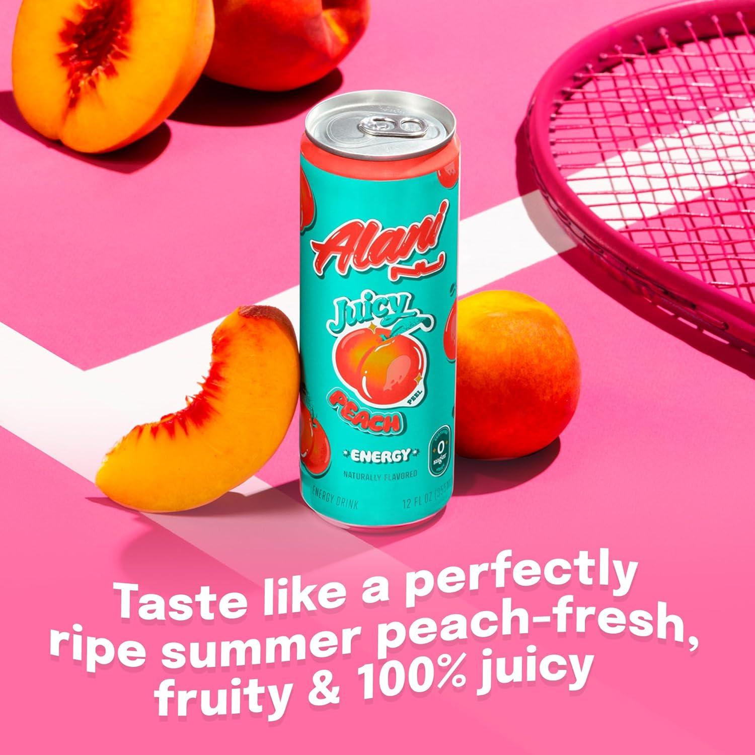 imageAlani Nu JUICY PEACH Sugar Free Low Calorie Energy Drinks 200mg Caffeine Biotin B Vitamins Zero Sugar 10 Calories 12 Fl Oz Cans 12 PackJuicy Peach