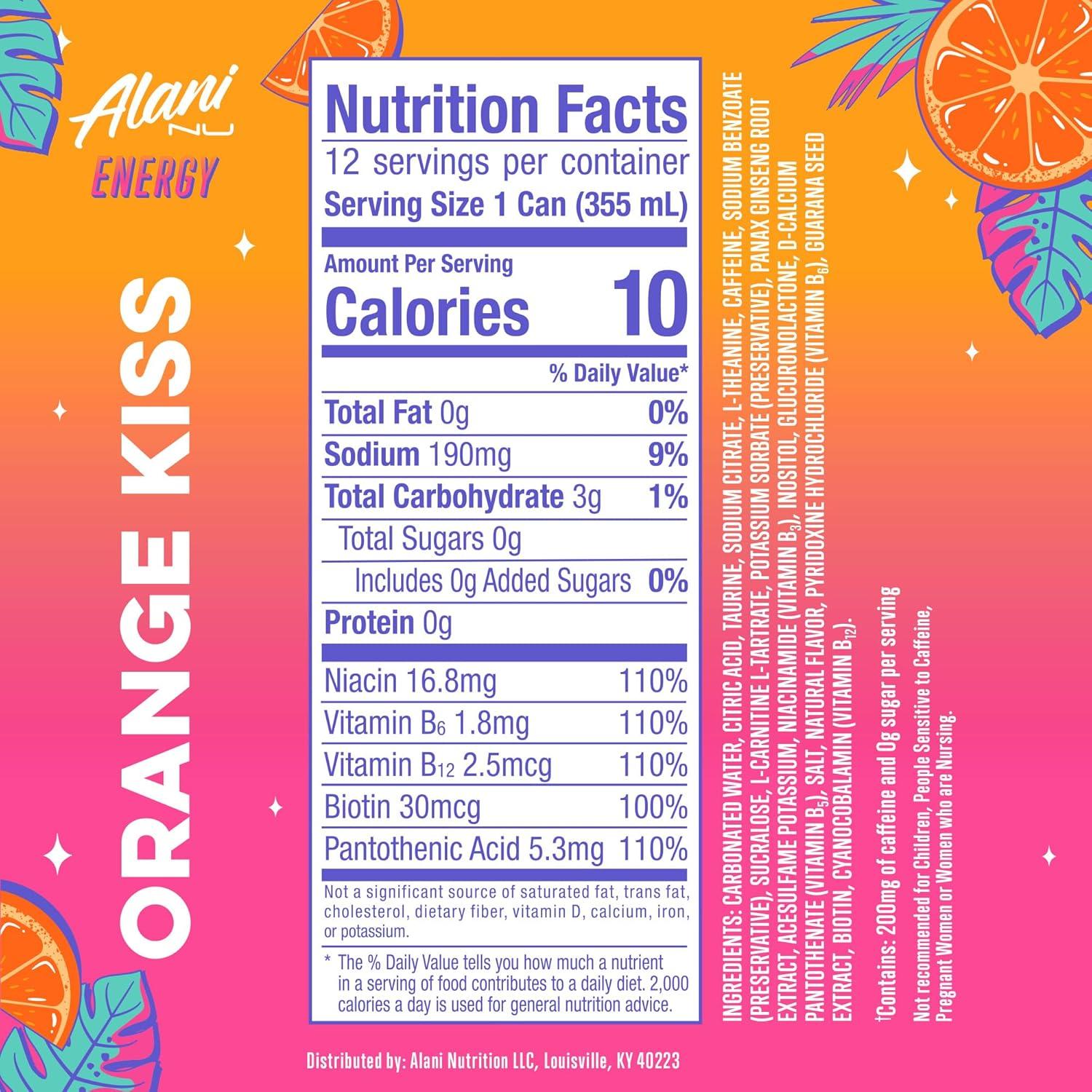 imageAlani Nu JUICY PEACH Sugar Free Low Calorie Energy Drinks 200mg Caffeine Biotin B Vitamins Zero Sugar 10 Calories 12 Fl Oz Cans 12 PackOrange Kiss