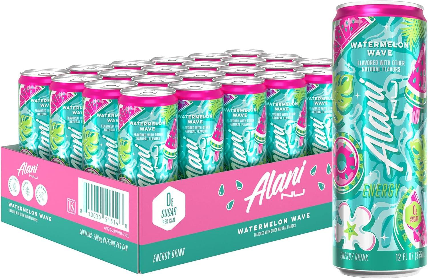 imageAlani Nu JUICY PEACH Sugar Free Low Calorie Energy Drinks 200mg Caffeine Biotin B Vitamins Zero Sugar 10 Calories 12 Fl Oz Cans 12 PackWatermelon Wave