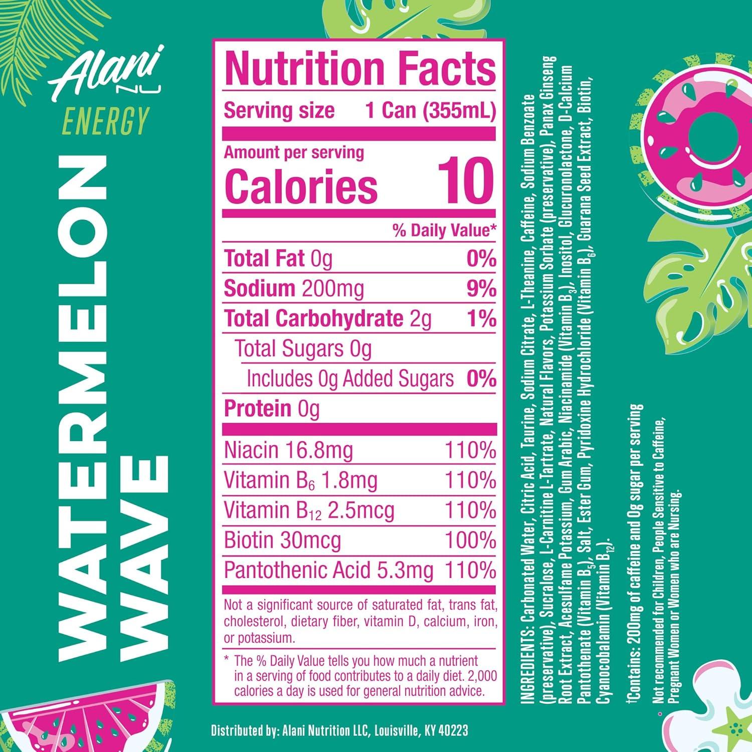 imageAlani Nu JUICY PEACH Sugar Free Low Calorie Energy Drinks 200mg Caffeine Biotin B Vitamins Zero Sugar 10 Calories 12 Fl Oz Cans 12 PackWatermelon Wave