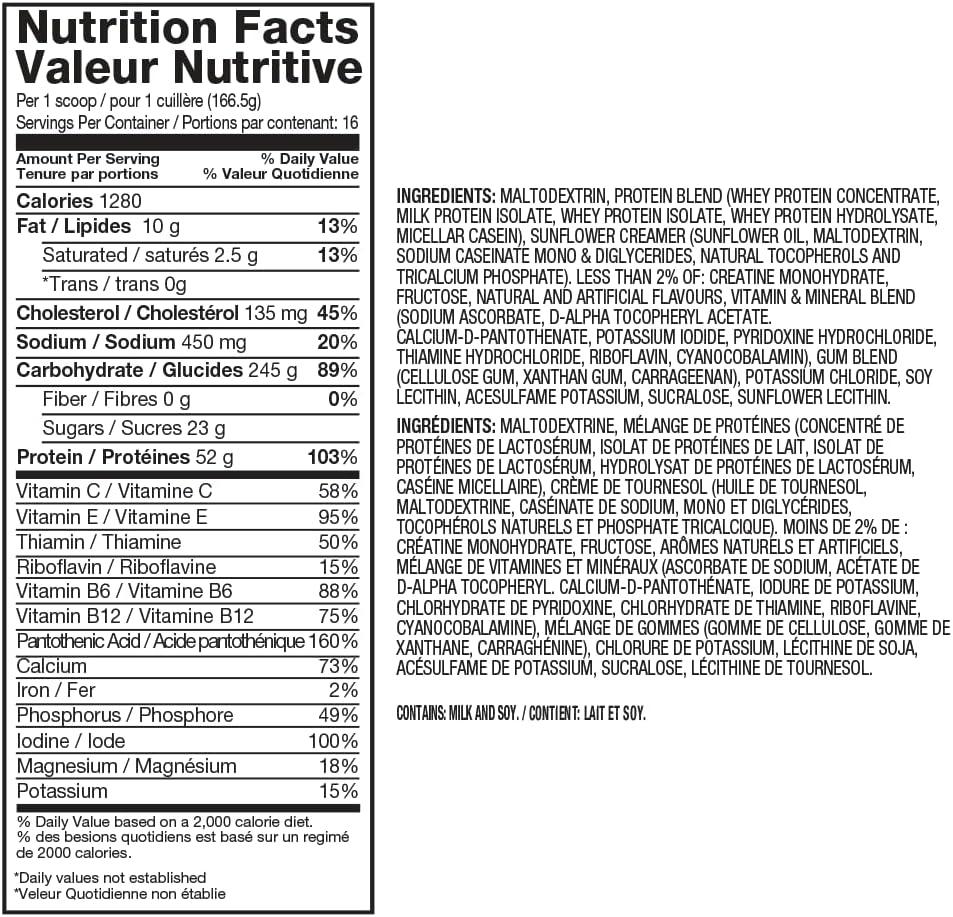 imageDymatize Super Mass Gainer Protein Powder Gourmet Vanilla 52g Protein 1g Creatine 1280 Calories 107g BCAAs 245g Carbs Contains Whey Protein Powder Isolate and Casein 8 ServingsRich Chocolate