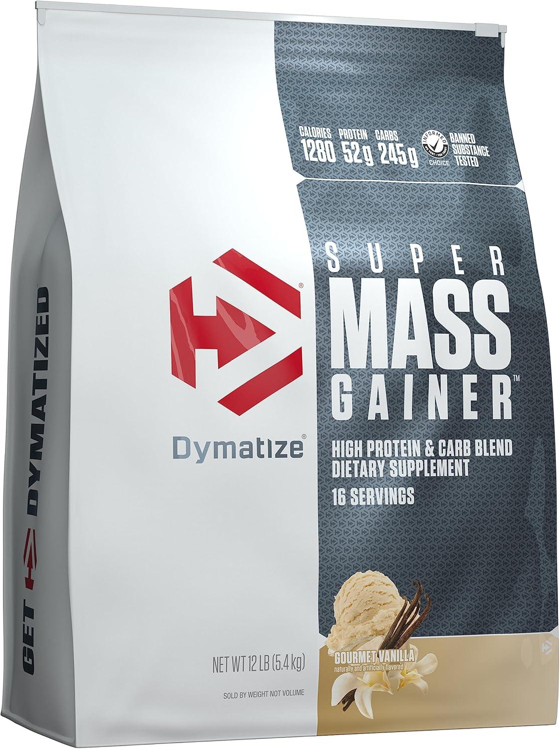imageDymatize Super Mass Gainer Protein Powder Gourmet Vanilla 52g Protein 1g Creatine 1280 Calories 107g BCAAs 245g Carbs Contains Whey Protein Powder Isolate and Casein 8 ServingsGourmet Vanilla