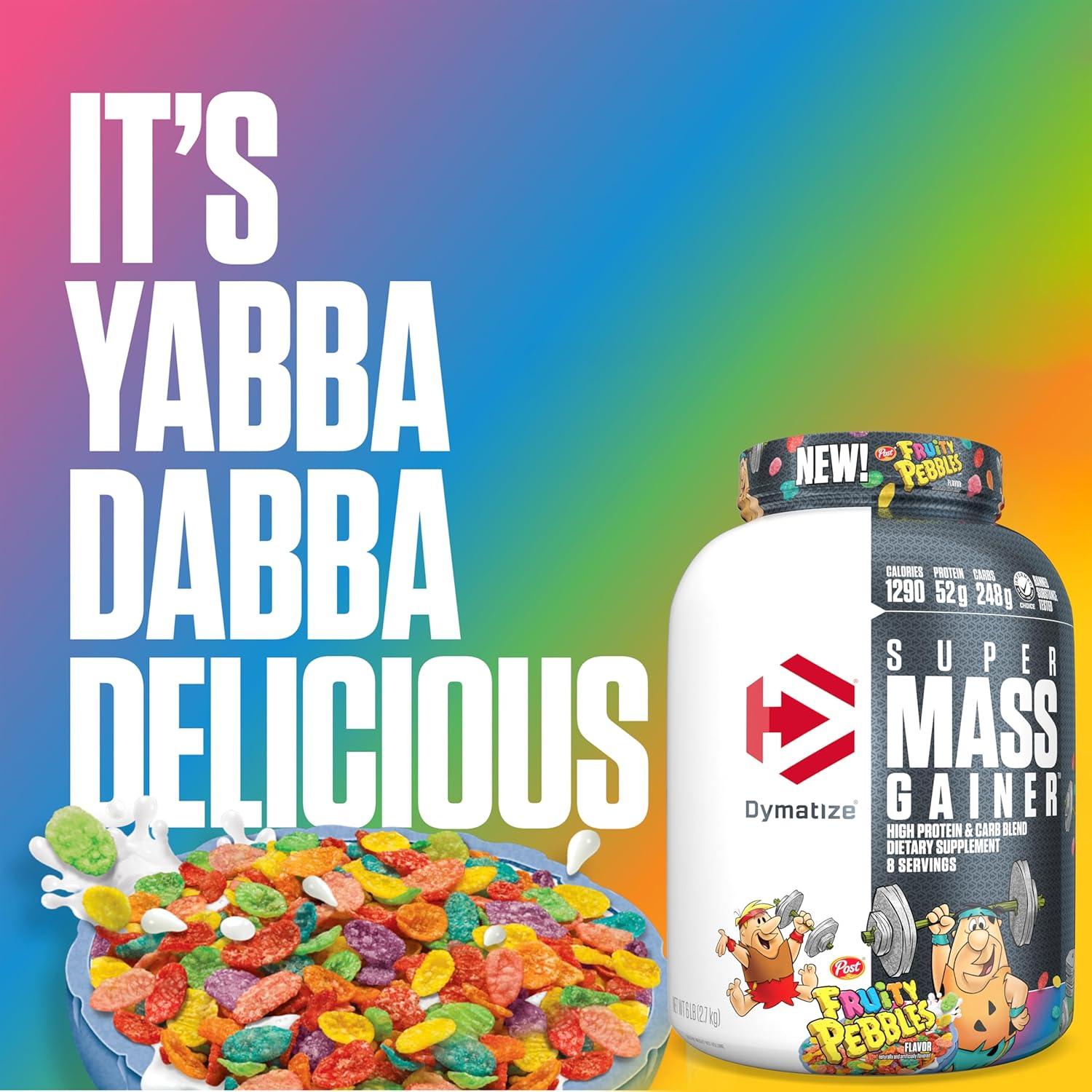 imageDymatize Super Mass Gainer Protein Powder Gourmet Vanilla 52g Protein 1g Creatine 1280 Calories 107g BCAAs 245g Carbs Contains Whey Protein Powder Isolate and Casein 8 ServingsFruity Pebbles