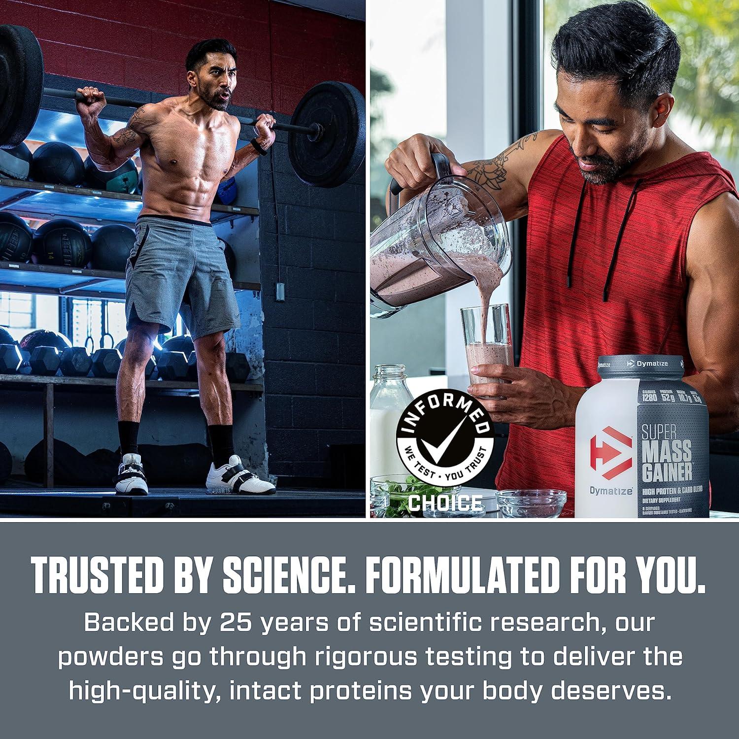 imageDymatize Super Mass Gainer Protein Powder Gourmet Vanilla 52g Protein 1g Creatine 1280 Calories 107g BCAAs 245g Carbs Contains Whey Protein Powder Isolate and Casein 8 ServingsRich Chocolate