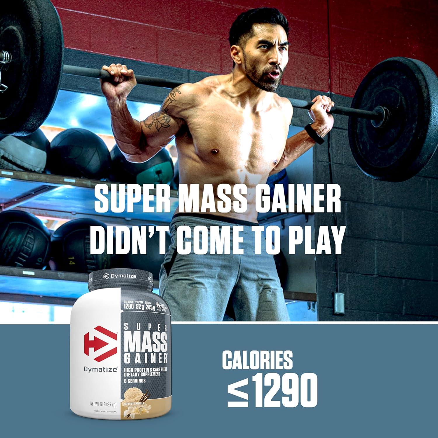 imageDymatize Super Mass Gainer Protein Powder Gourmet Vanilla 52g Protein 1g Creatine 1280 Calories 107g BCAAs 245g Carbs Contains Whey Protein Powder Isolate and Casein 8 ServingsGourmet Vanilla