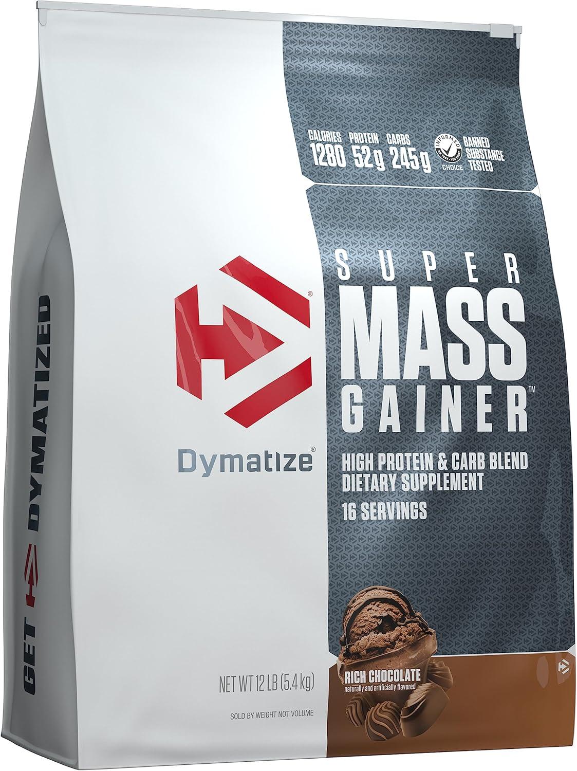 imageDymatize Super Mass Gainer Protein Powder Gourmet Vanilla 52g Protein 1g Creatine 1280 Calories 107g BCAAs 245g Carbs Contains Whey Protein Powder Isolate and Casein 8 ServingsRich Chocolate