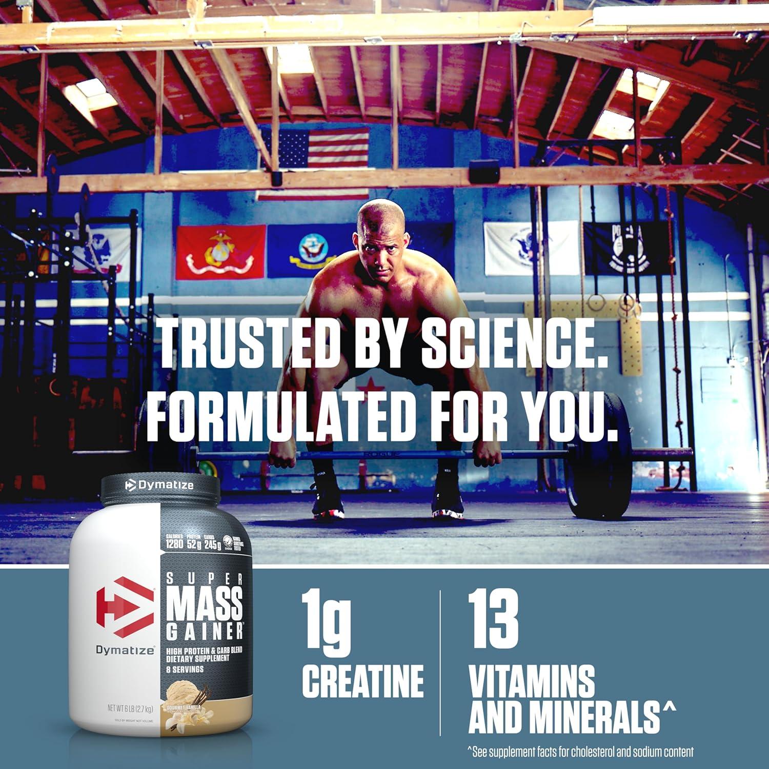 imageDymatize Super Mass Gainer Protein Powder Gourmet Vanilla 52g Protein 1g Creatine 1280 Calories 107g BCAAs 245g Carbs Contains Whey Protein Powder Isolate and Casein 8 ServingsGourmet Vanilla