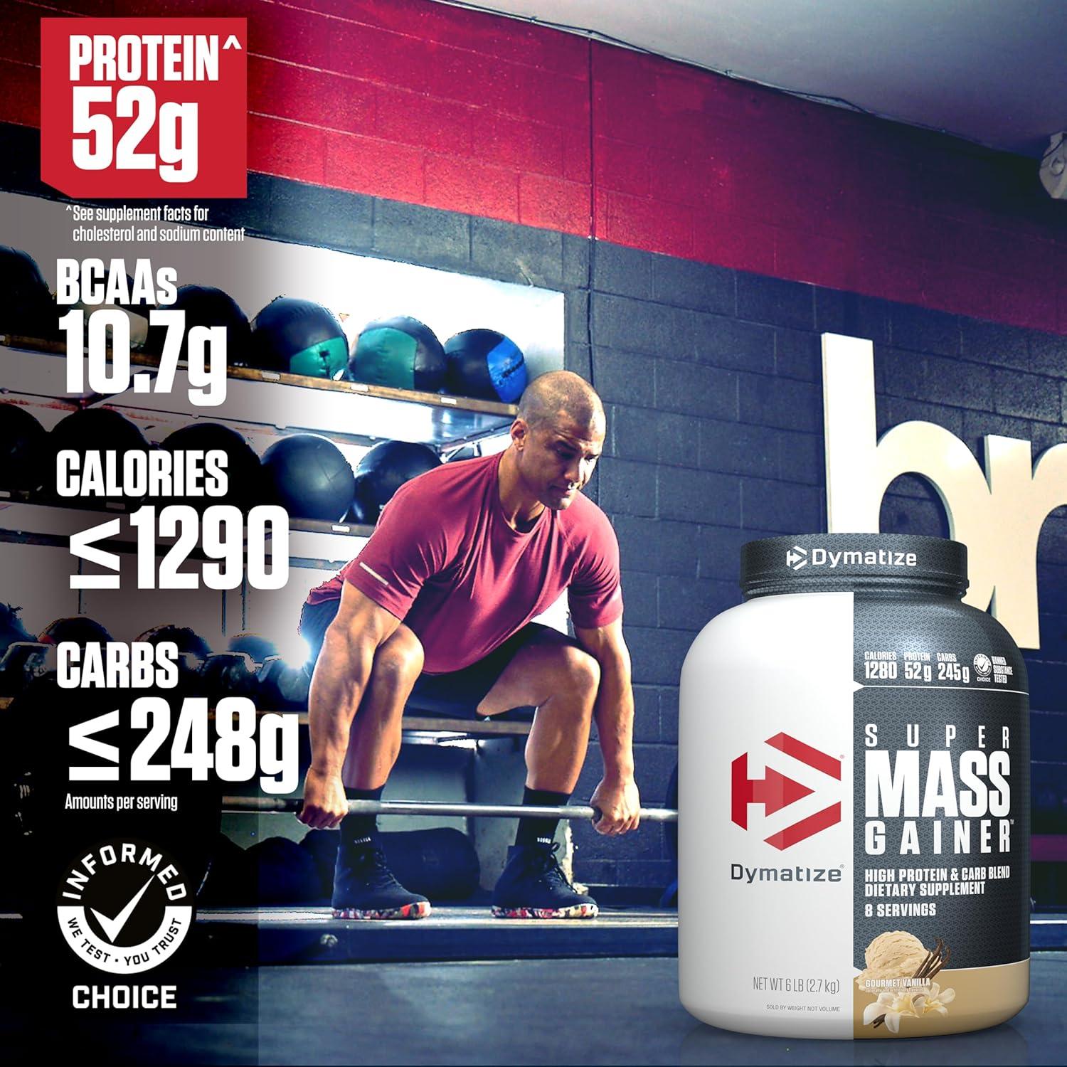 imageDymatize Super Mass Gainer Protein Powder Gourmet Vanilla 52g Protein 1g Creatine 1280 Calories 107g BCAAs 245g Carbs Contains Whey Protein Powder Isolate and Casein 8 ServingsGourmet Vanilla