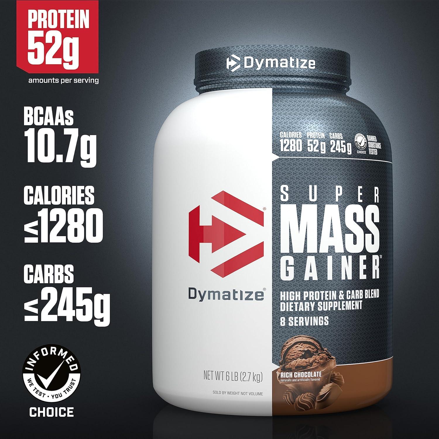 imageDymatize Super Mass Gainer Protein Powder Gourmet Vanilla 52g Protein 1g Creatine 1280 Calories 107g BCAAs 245g Carbs Contains Whey Protein Powder Isolate and Casein 8 ServingsRich Chocolate