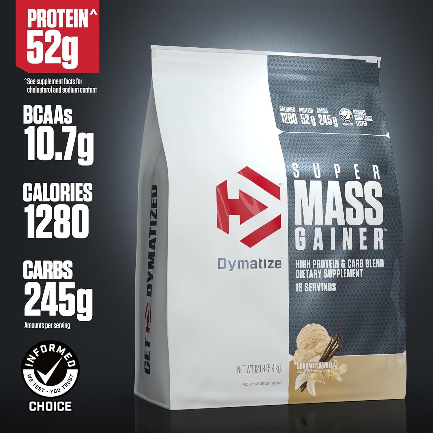 imageDymatize Super Mass Gainer Protein Powder Gourmet Vanilla 52g Protein 1g Creatine 1280 Calories 107g BCAAs 245g Carbs Contains Whey Protein Powder Isolate and Casein 8 ServingsGourmet Vanilla