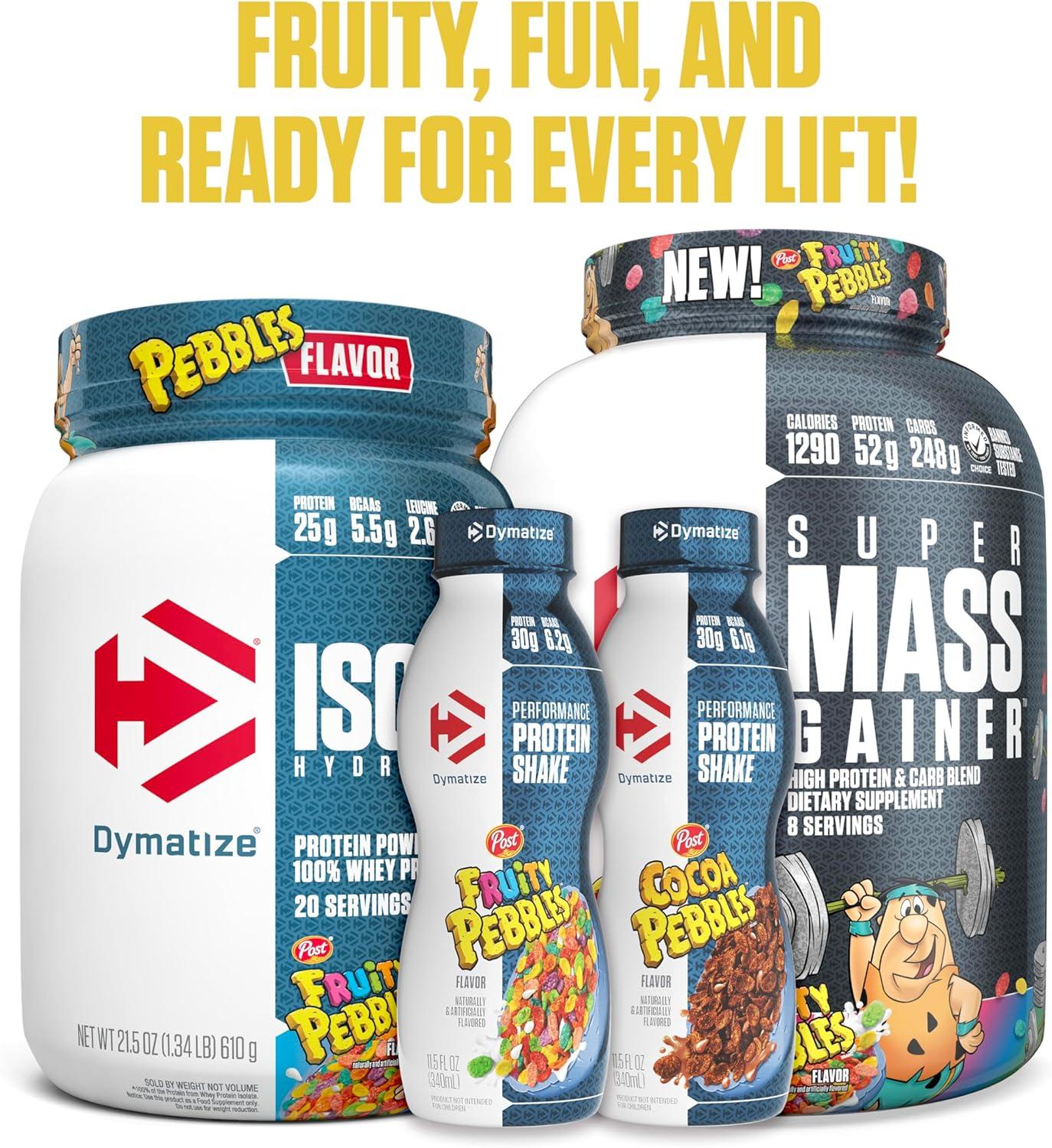 imageDymatize Super Mass Gainer Protein Powder Gourmet Vanilla 52g Protein 1g Creatine 1280 Calories 107g BCAAs 245g Carbs Contains Whey Protein Powder Isolate and Casein 8 ServingsFruity Pebbles