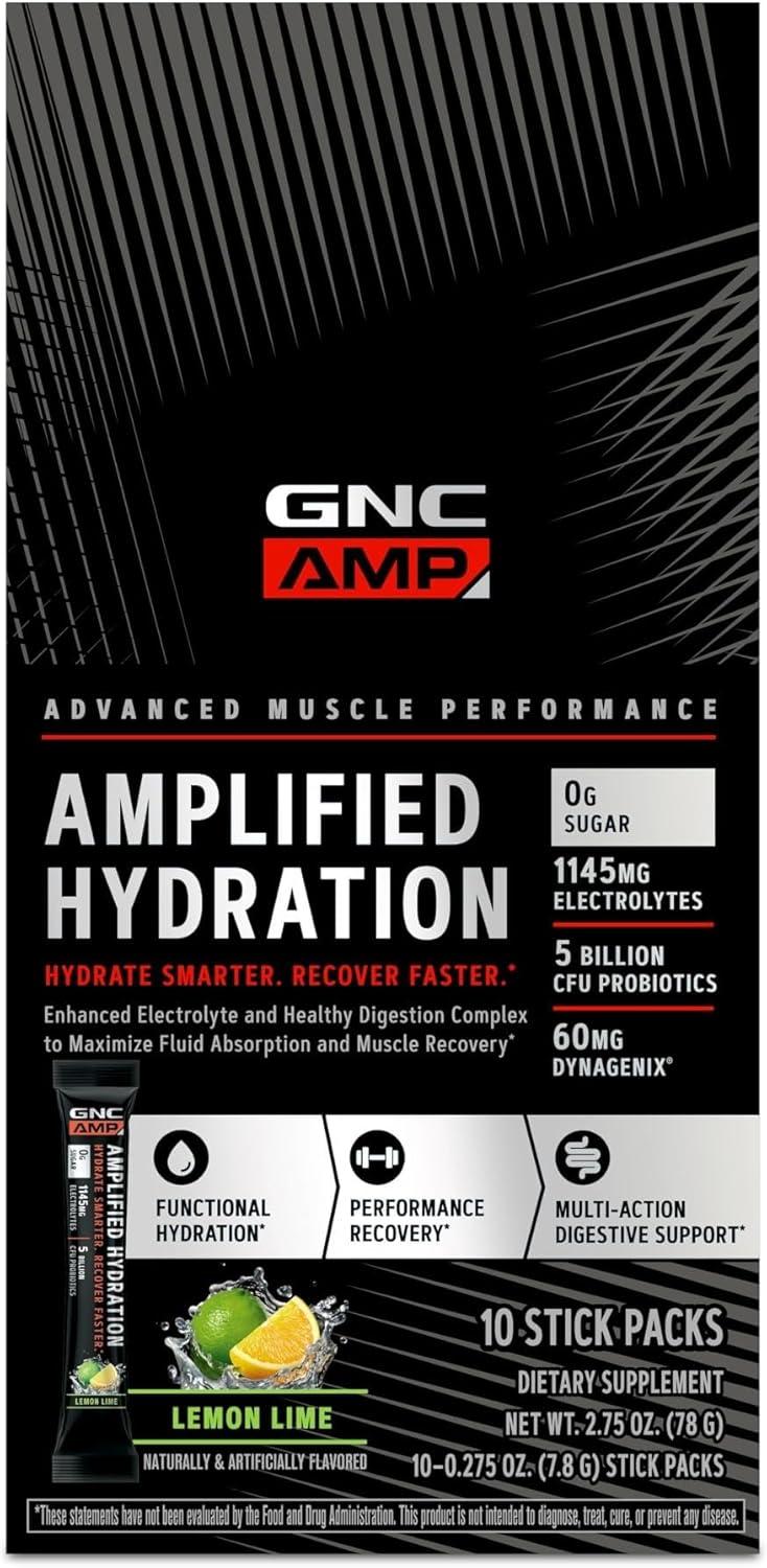 imageGNC AMP Amplified Hydration Electrolyte Powder Drink Mix Enhanced Electrolyte amp Healthy Digestion Complex Acai Blueberry Pomegranate 10 CountLemon Lime