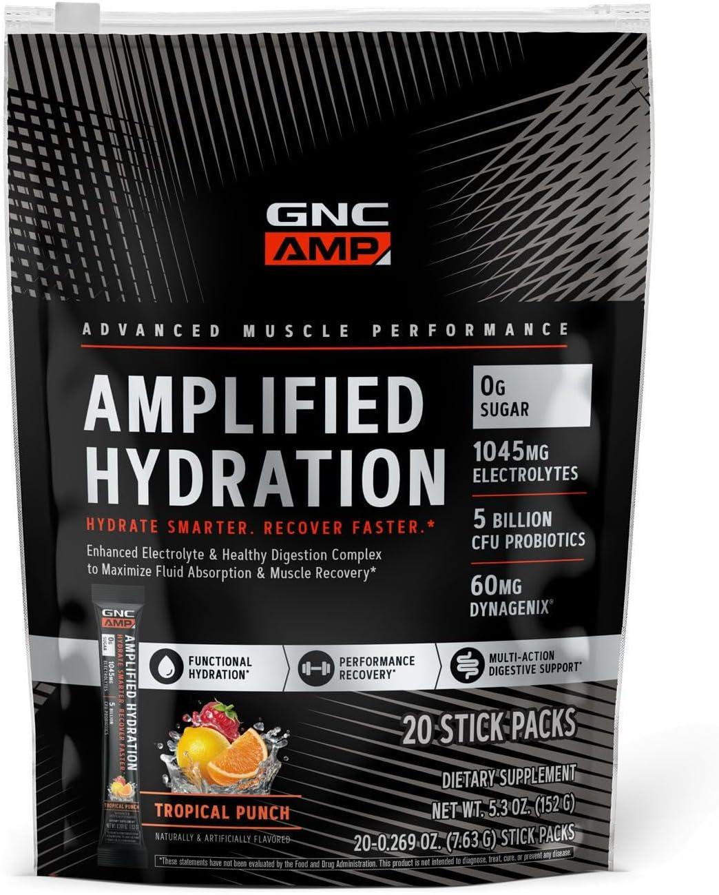 imageGNC AMP Amplified Hydration Electrolyte Powder Drink Mix Enhanced Electrolyte amp Healthy Digestion Complex Acai Blueberry Pomegranate 10 CountTropical Punch