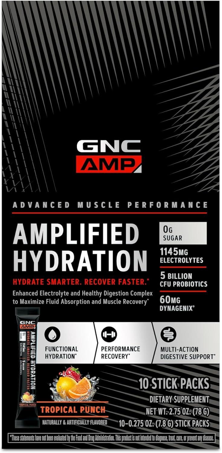 imageGNC AMP Amplified Hydration Electrolyte Powder Drink Mix Enhanced Electrolyte amp Healthy Digestion Complex Acai Blueberry Pomegranate 10 CountTropical Punch