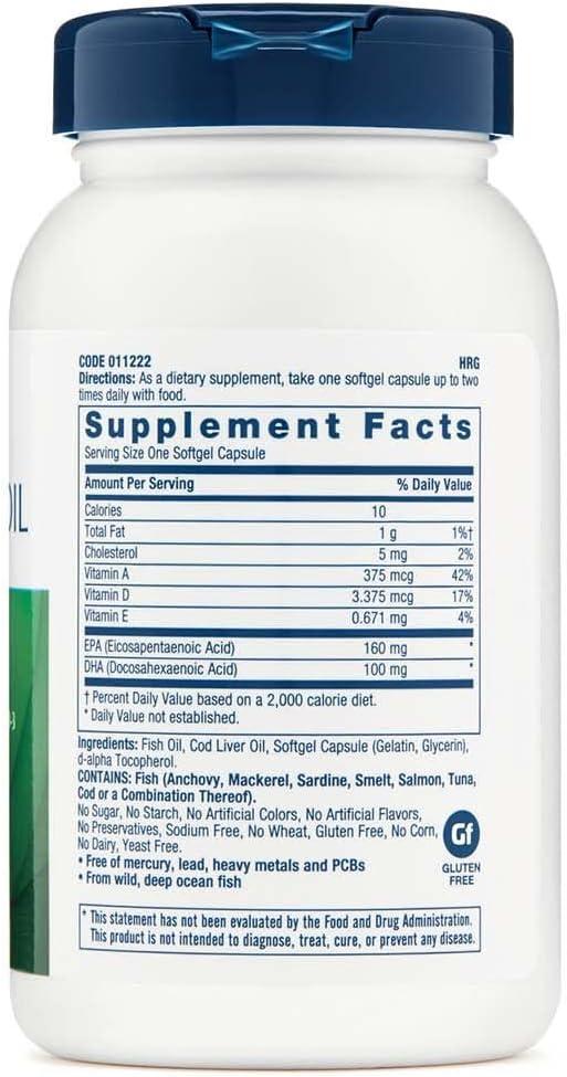 imageGNC Cod Liver Oil Omega 3 Supplement 260mg EPA and DHA Supports Heart Brain Skin Eye and Joint Health 90 Softgels