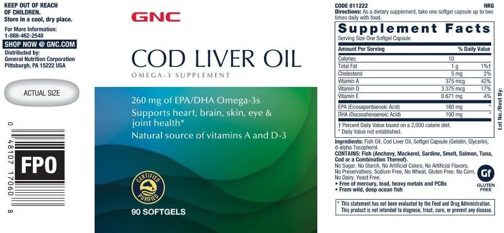 imageGNC Cod Liver Oil Omega 3 Supplement 260mg EPA and DHA Supports Heart Brain Skin Eye and Joint Health 90 Softgels