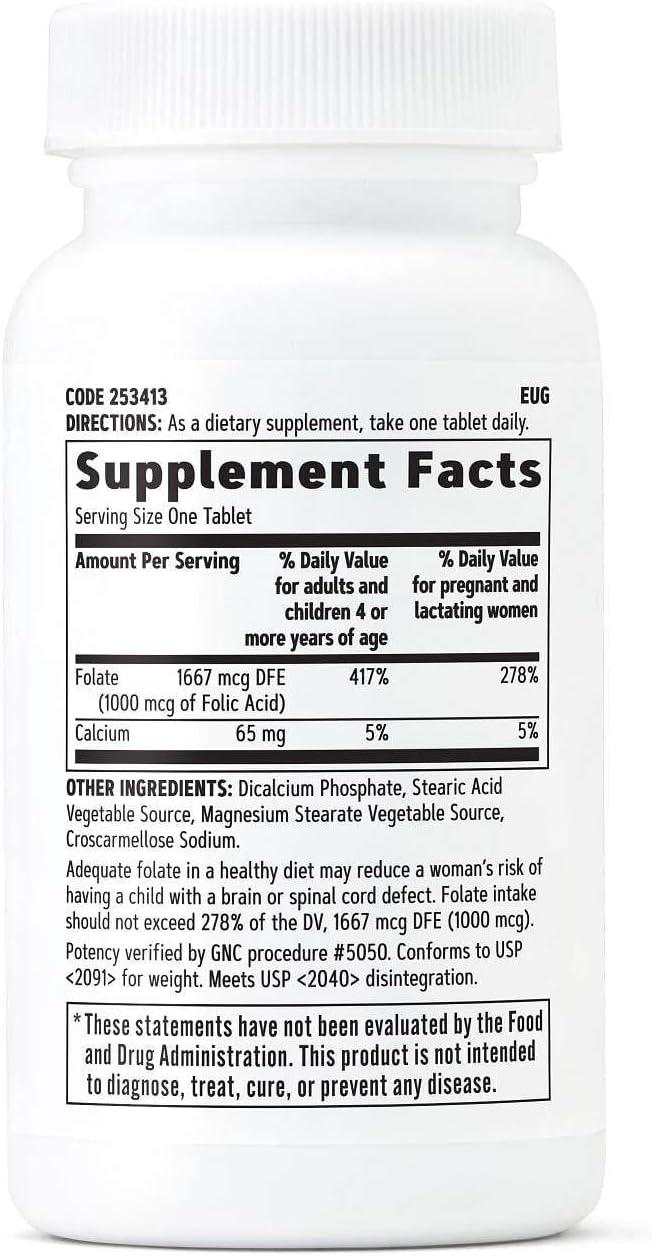 imageGNC Folic Acid 1000mcg Supports Healthy Fetal Development Required for Proper Red Blood Cell Formation Vegetarian Formula 100 Count100 Count Pack of 1