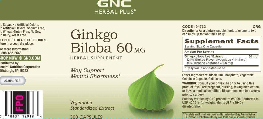 imageGNC Herbal Plus Ginkgo Biloba 60mg Supplement Vegetarian Supports Mental Sharpness 300 Servings