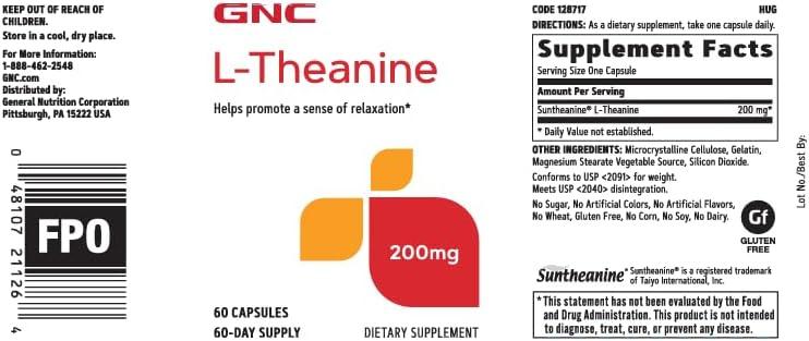 imageGNC LTheanine 200mg Promotes Relaxation 60 Capsules