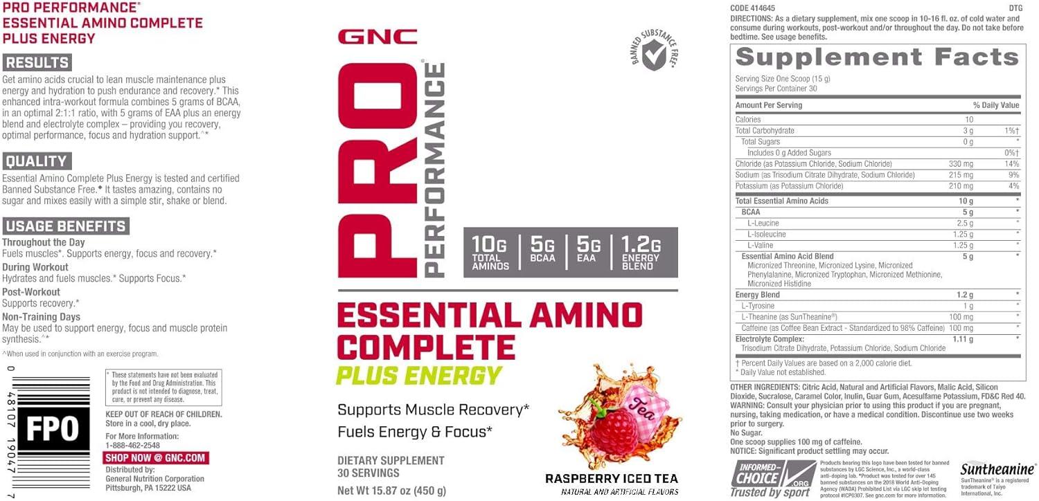 imageGNC Pro Performance Essential Amino Complete Plus Energy Raspberry Iced Tea 5g BCAA 5g EAA Plus Energy Blend and Electrolyte Complex 30 Servings