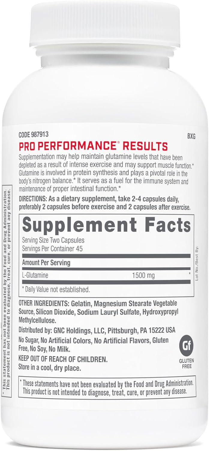 imageGNC Pro Performance LGlutamine 1500mg Amino Acid Supplement Supports Muscle Recovery amp Function Fuels Immune System Plays Key Role in Protein Synthesis Unflavored Gluten Free 180 Capsules90 Count Pack of 1