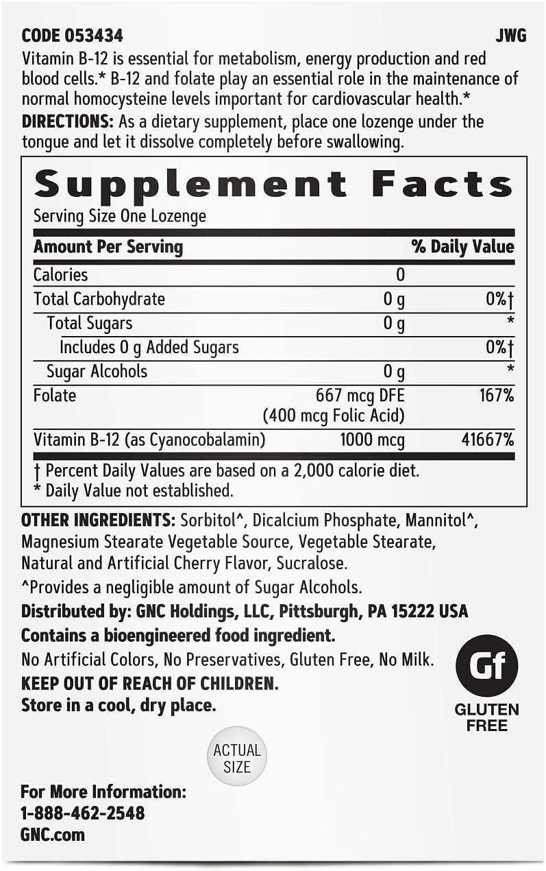 imageGNC Vitamin B12 1000 mcg Lozenges Cherry 60 Lozenges 60 Servings120 Count Pack of 1