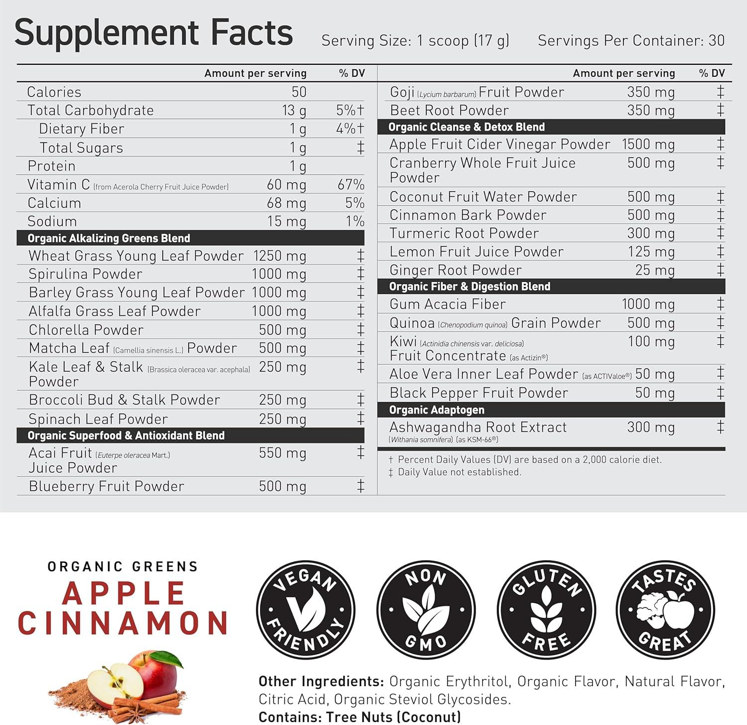 imageKaged Organic Greens Elite Superfood and Greens Powder with Apple Cider Vinegar Adaptogen Prebiotics Vitamins amp Minerals Berry 30 ServingsApple Cinnamon