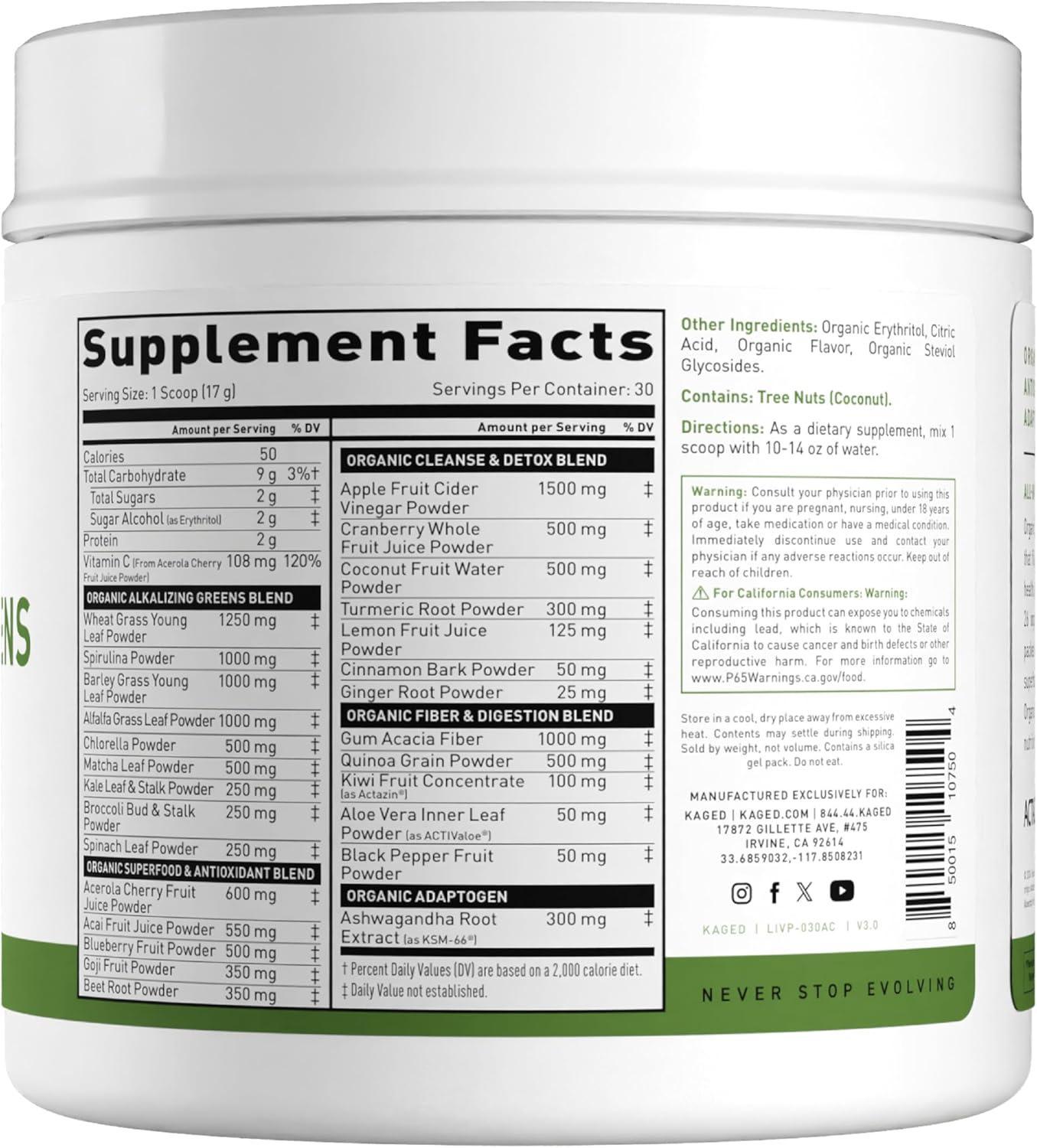 imageKaged Organic Greens Elite Superfood and Greens Powder with Apple Cider Vinegar Adaptogen Prebiotics Vitamins amp Minerals Berry 30 ServingsApple Cinnamon