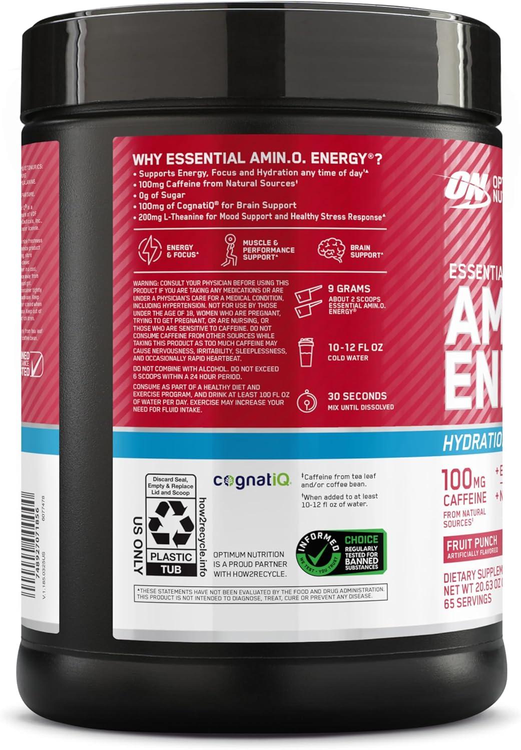 imageOptimum Nutrition Amino Energy Powder Plus Focus with BCAA Electrolytes and Caffeine Pineapple Twist 30 Servings Packaging May VaryFruit Punch