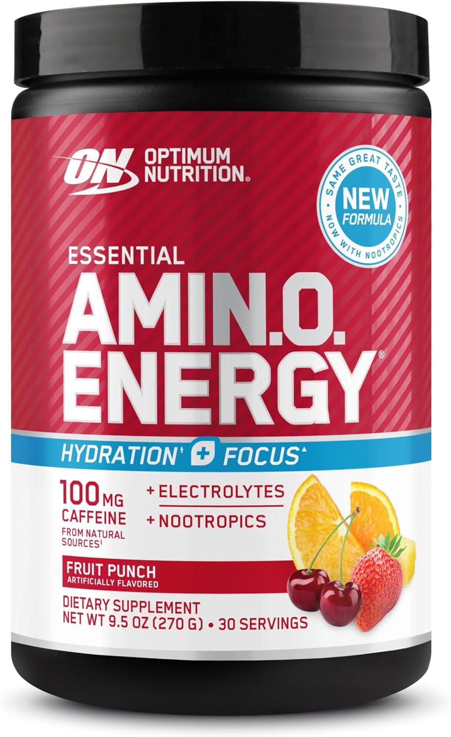 imageOptimum Nutrition Amino Energy Powder Plus Focus with BCAA Electrolytes and Caffeine Pineapple Twist 30 Servings Packaging May VaryFruit Punch
