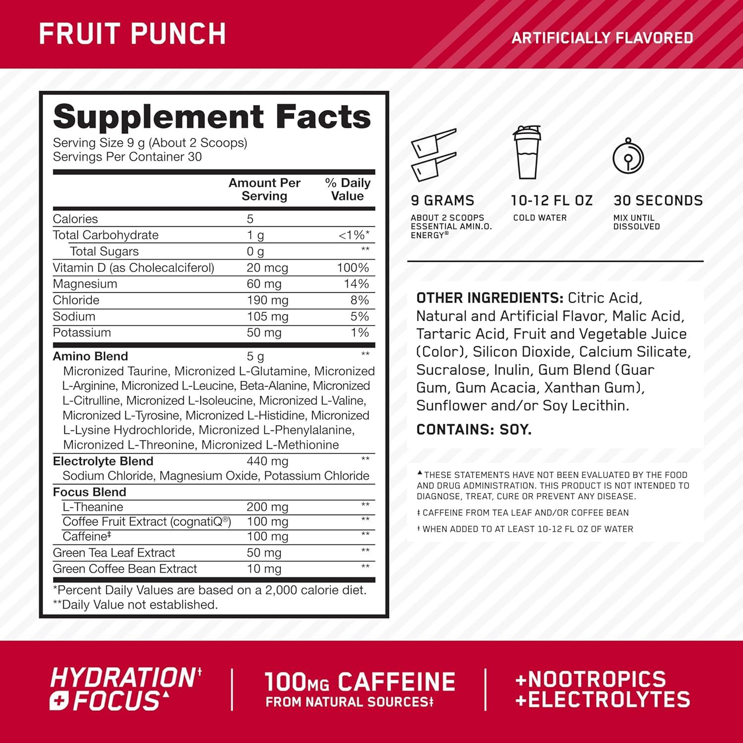 imageOptimum Nutrition Amino Energy Powder Plus Focus with BCAA Electrolytes and Caffeine Pineapple Twist 30 Servings Packaging May VaryFruit Punch