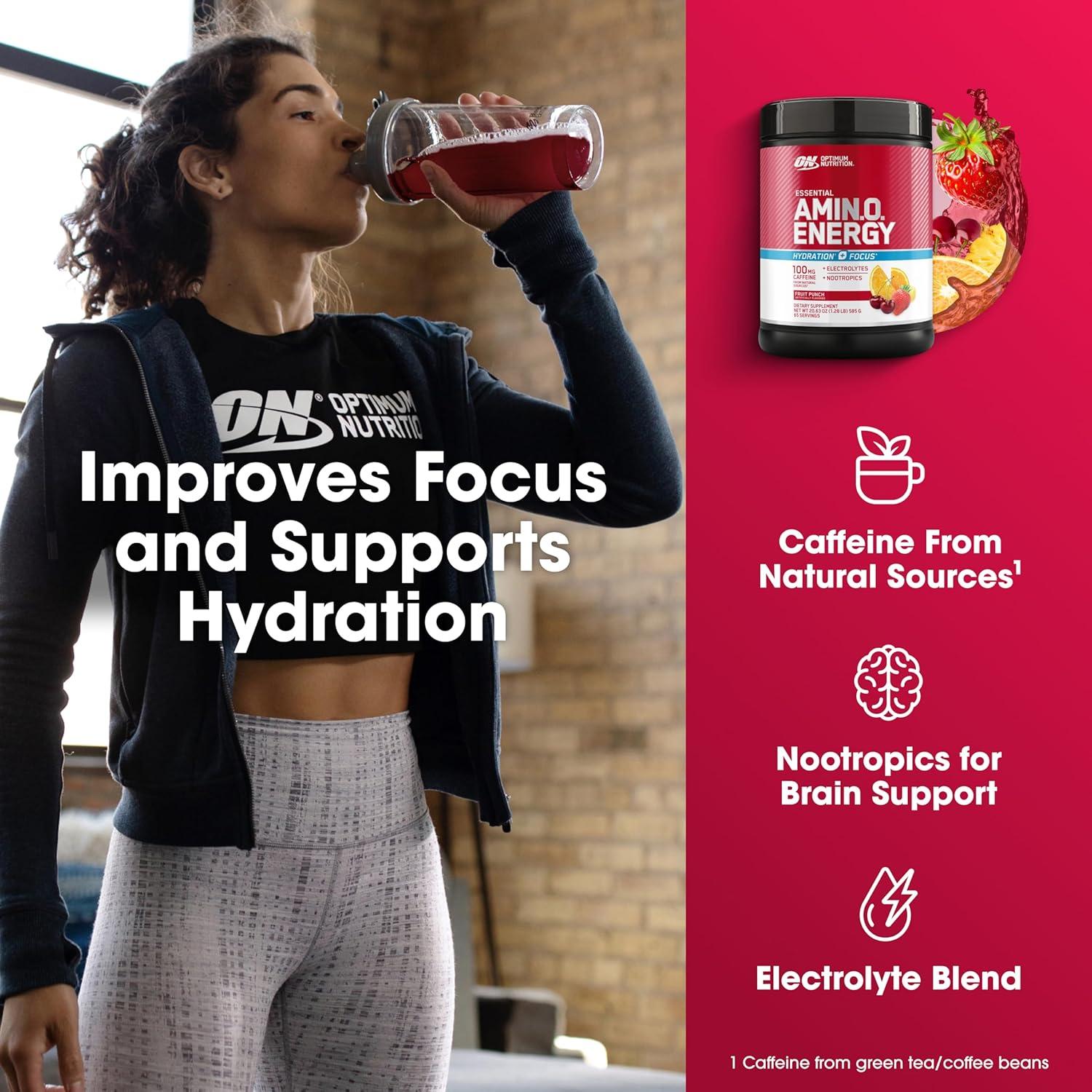 imageOptimum Nutrition Amino Energy Powder Plus Focus with BCAA Electrolytes and Caffeine Pineapple Twist 30 Servings Packaging May VaryFruit Punch
