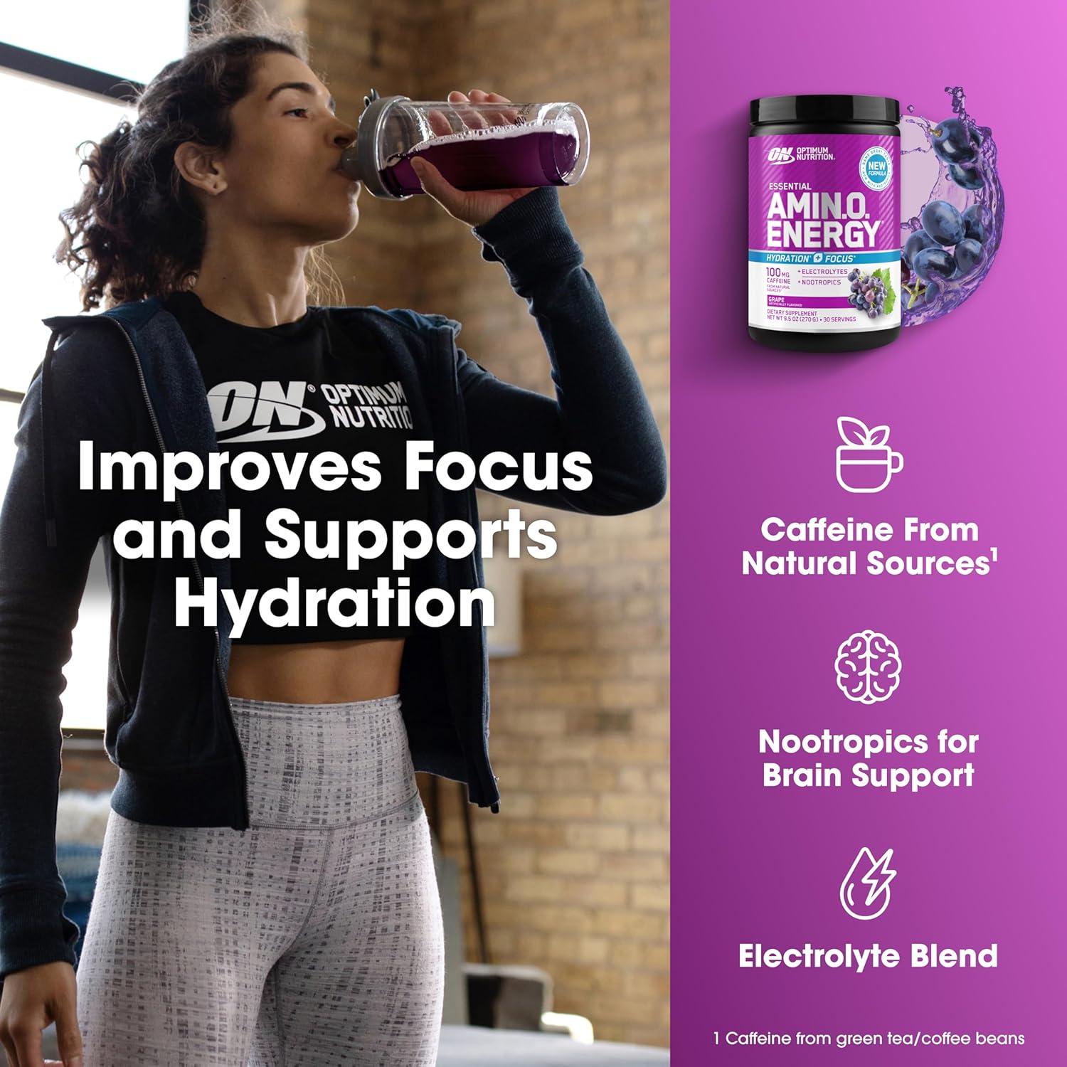imageOptimum Nutrition Amino Energy Powder Plus Focus with BCAA Electrolytes and Caffeine Pineapple Twist 30 Servings Packaging May VaryGrape