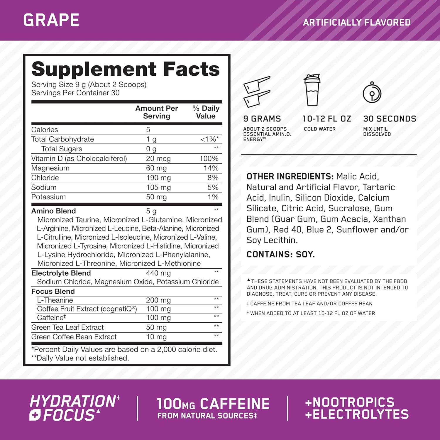 imageOptimum Nutrition Amino Energy Powder Plus Focus with BCAA Electrolytes and Caffeine Pineapple Twist 30 Servings Packaging May VaryGrape