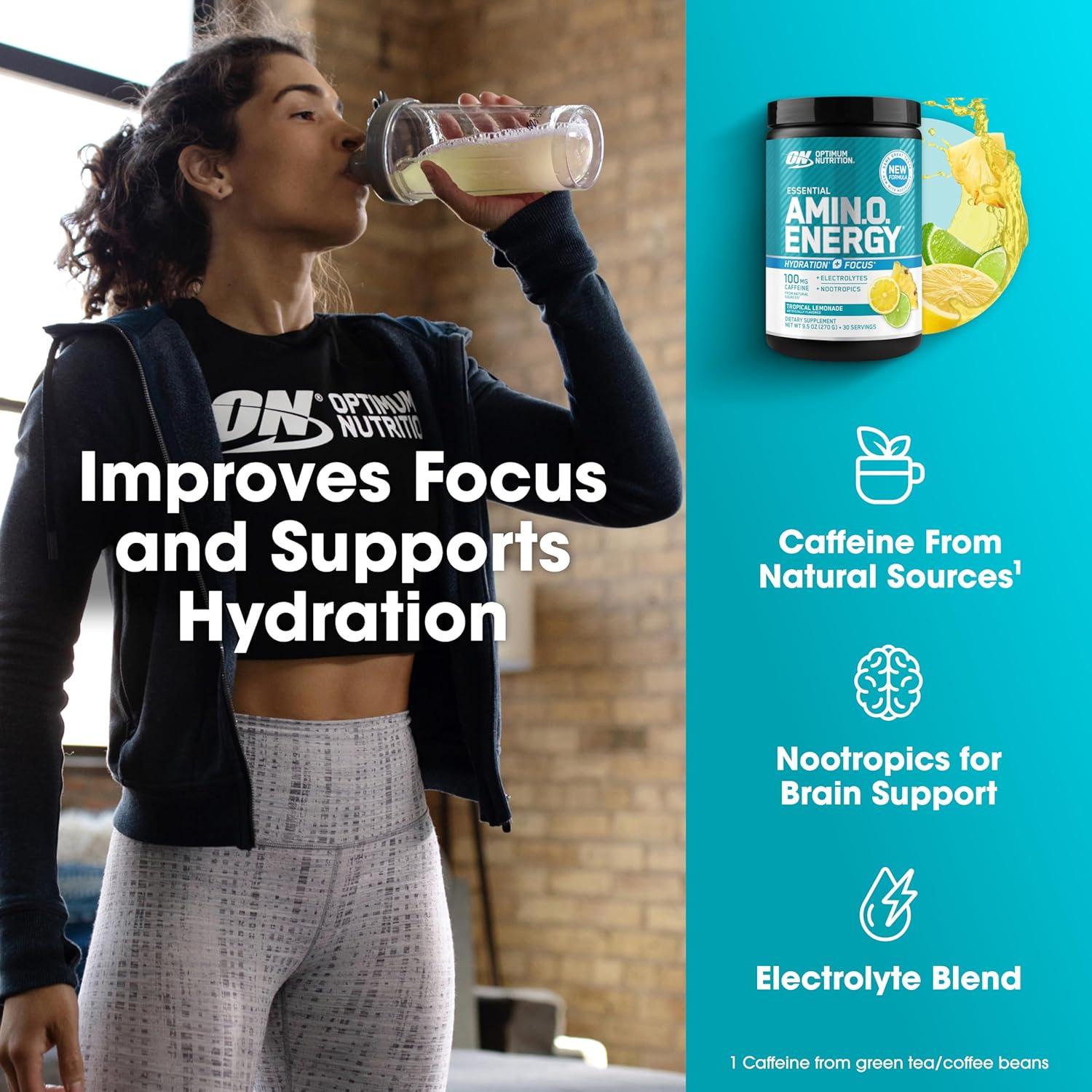 imageOptimum Nutrition Amino Energy Powder Plus Focus with BCAA Electrolytes and Caffeine Pineapple Twist 30 Servings Packaging May VaryLemonade