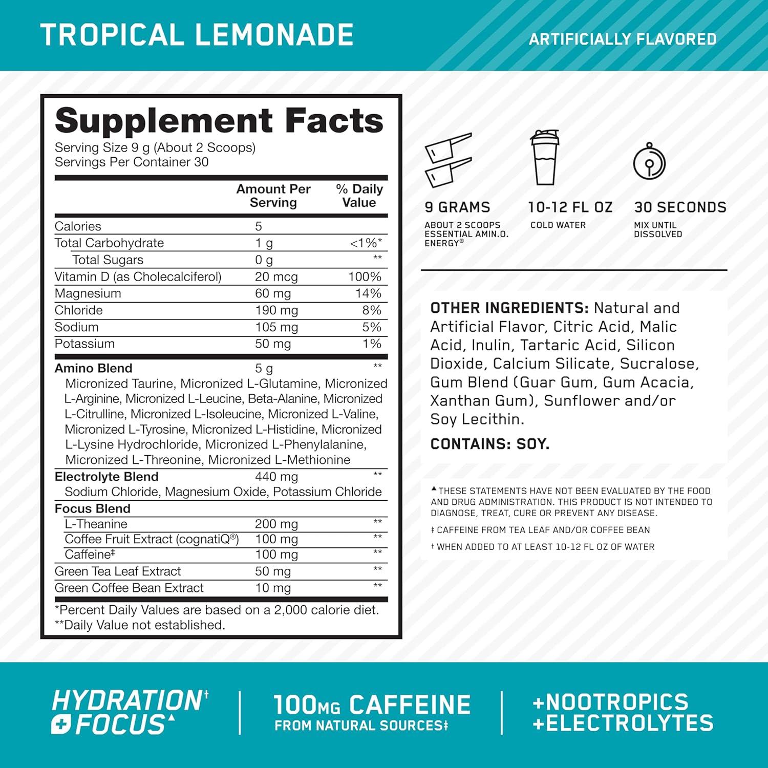 imageOptimum Nutrition Amino Energy Powder Plus Focus with BCAA Electrolytes and Caffeine Pineapple Twist 30 Servings Packaging May VaryLemonade