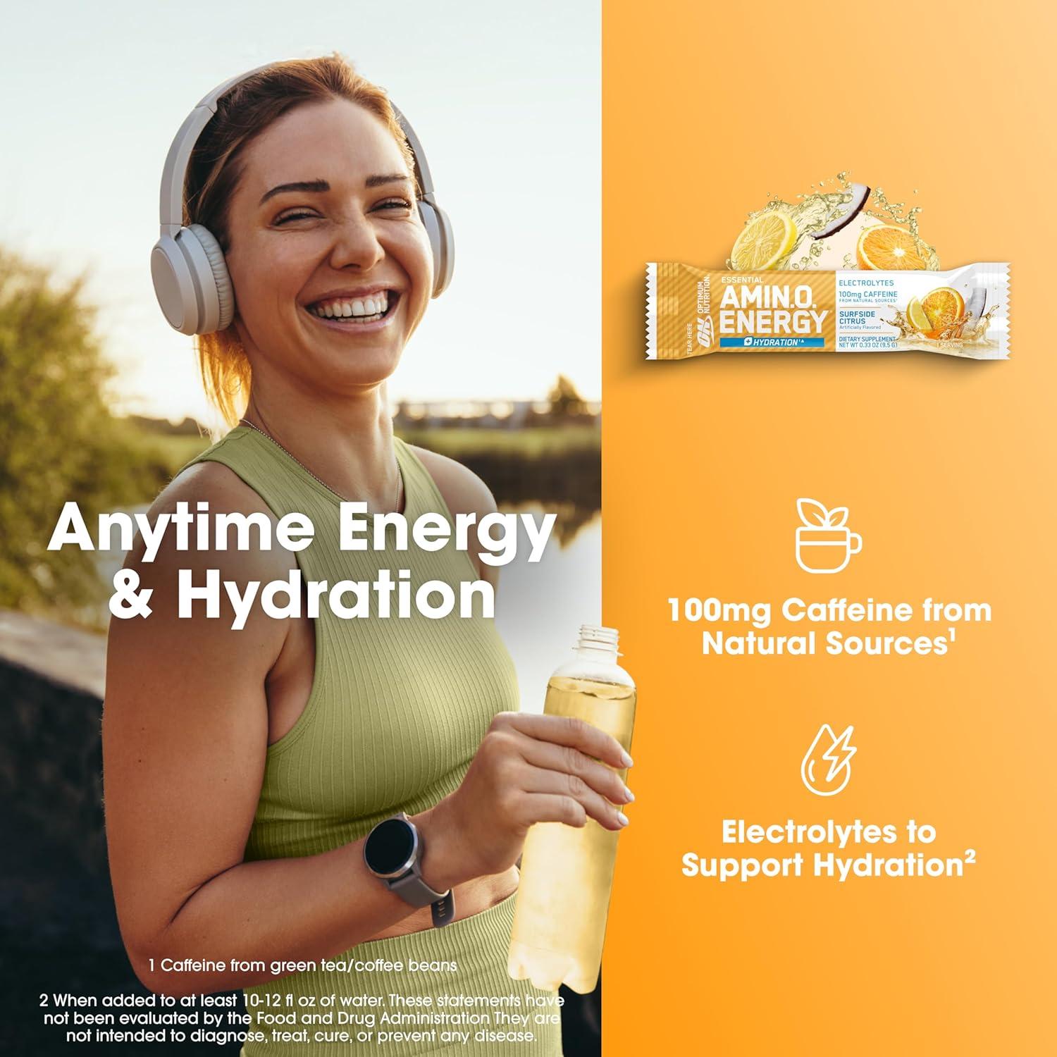 imageOptimum Nutrition Amino Energy Powder Plus Focus with BCAA Electrolytes and Caffeine Pineapple Twist 30 Servings Packaging May VarySurfside Citrus