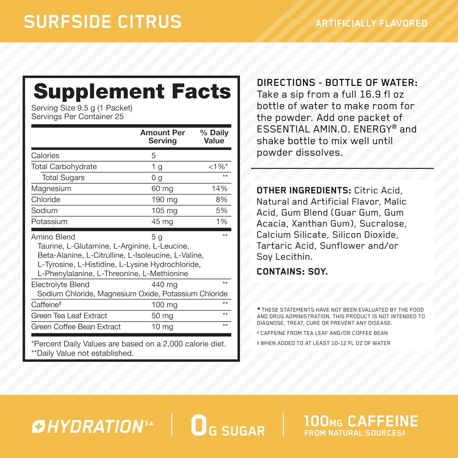 imageOptimum Nutrition Amino Energy Powder Plus Focus with BCAA Electrolytes and Caffeine Pineapple Twist 30 Servings Packaging May VarySurfside Citrus