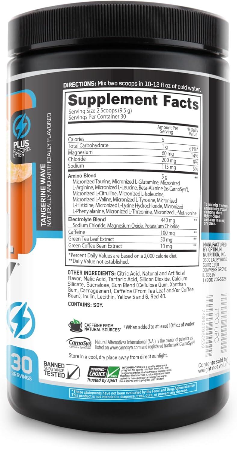 imageOptimum Nutrition Amino Energy Powder Plus Focus with BCAA Electrolytes and Caffeine Pineapple Twist 30 Servings Packaging May VaryTangerine Wave