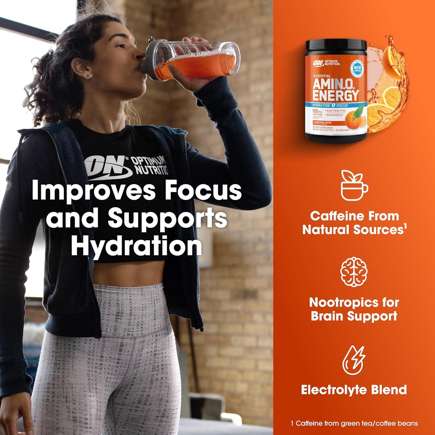 imageOptimum Nutrition Amino Energy Powder Plus Focus with BCAA Electrolytes and Caffeine Pineapple Twist 30 Servings Packaging May VaryTangerine Wave