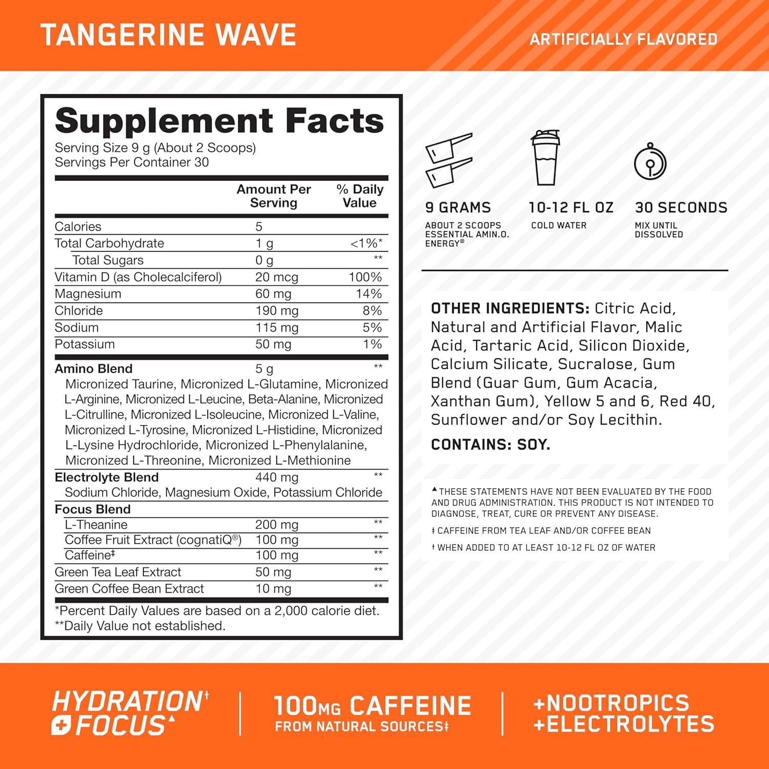 imageOptimum Nutrition Amino Energy Powder Plus Focus with BCAA Electrolytes and Caffeine Pineapple Twist 30 Servings Packaging May VaryTangerine Wave