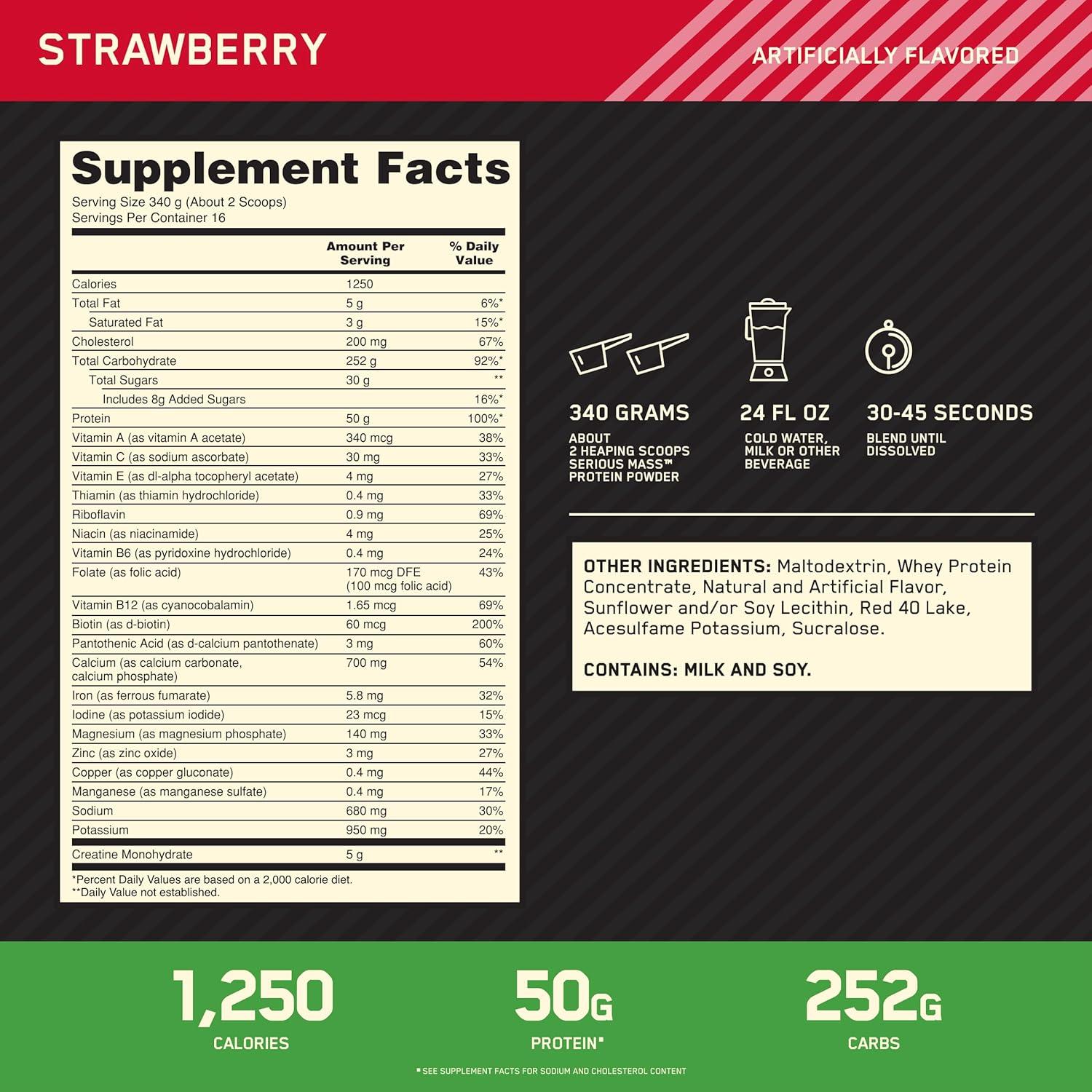 imageOptimum Nutrition Serious Mass Weight Gainer Protein Powder Mass Gainer Vitamin C and Zinc for Immune Support Creatine Chocolate Peanut Butter 6 Pound Packaging May VaryStrawberry