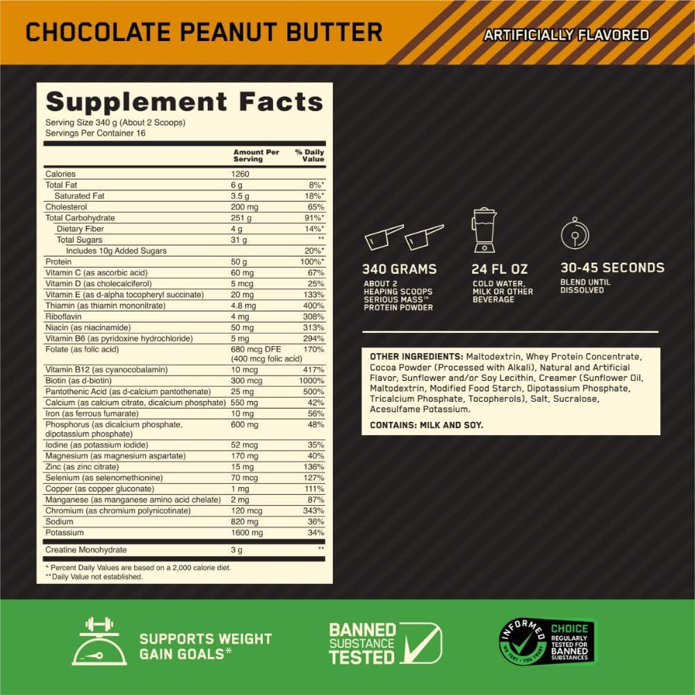 imageOptimum Nutrition Serious Mass Weight Gainer Protein Powder Mass Gainer Vitamin C and Zinc for Immune Support Creatine Chocolate Peanut Butter 6 Pound Packaging May VaryChocolate Peanut Butter