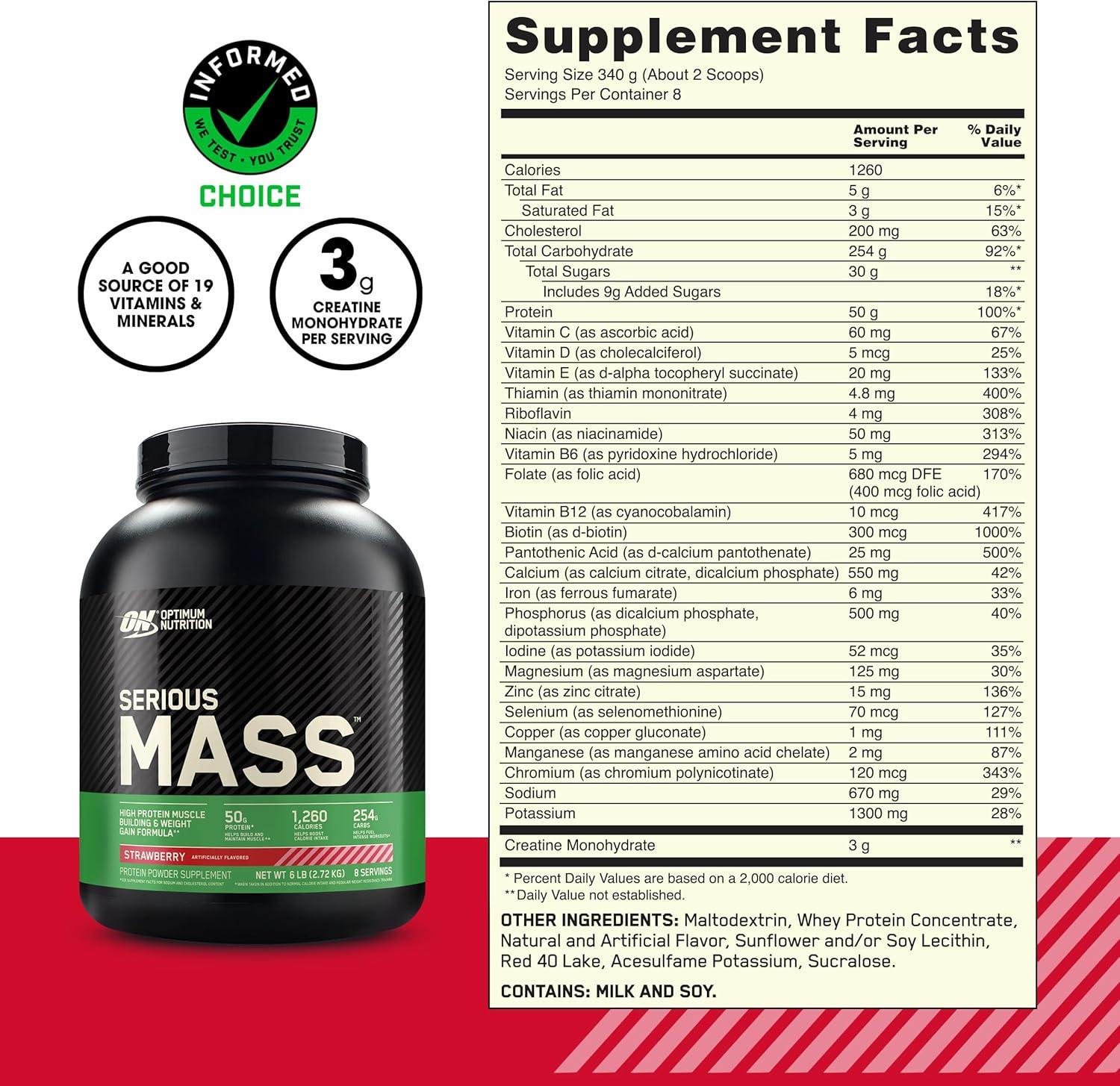 imageOptimum Nutrition Serious Mass Weight Gainer Protein Powder Mass Gainer Vitamin C and Zinc for Immune Support Creatine Chocolate Peanut Butter 6 Pound Packaging May VaryStrawberry