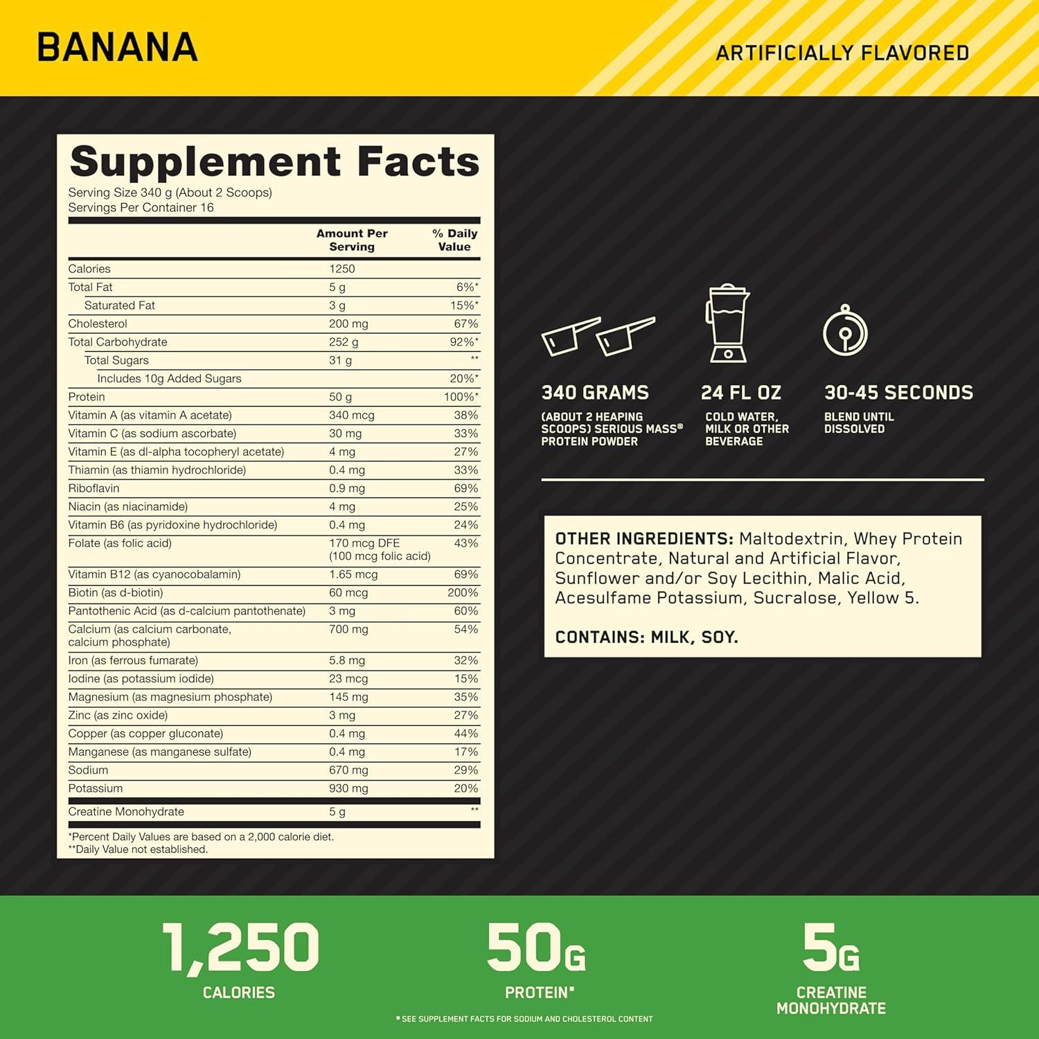 imageOptimum Nutrition Serious Mass Weight Gainer Protein Powder Mass Gainer Vitamin C and Zinc for Immune Support Creatine Chocolate Peanut Butter 6 Pound Packaging May VaryBanana