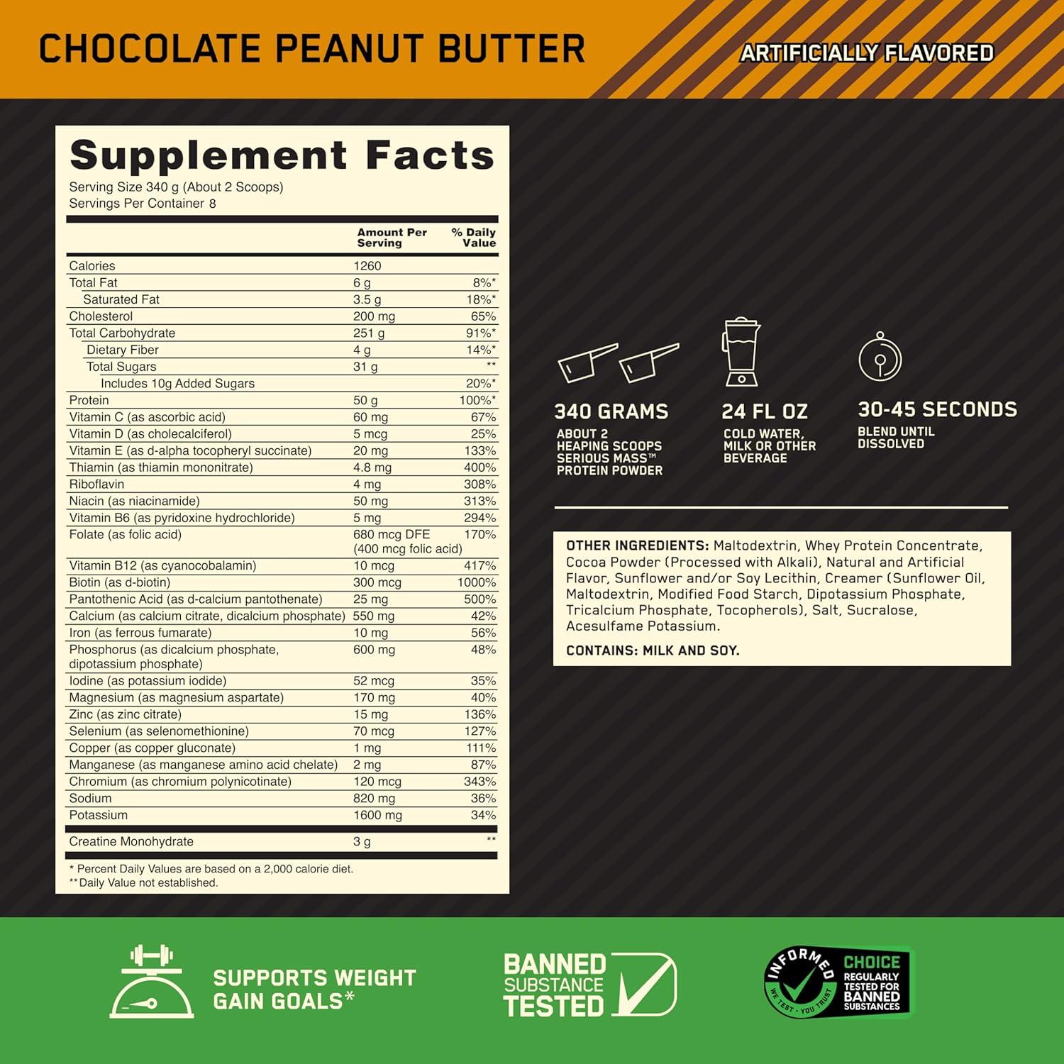imageOptimum Nutrition Serious Mass Weight Gainer Protein Powder Mass Gainer Vitamin C and Zinc for Immune Support Creatine Chocolate Peanut Butter 6 Pound Packaging May VaryChocolate Peanut Butter