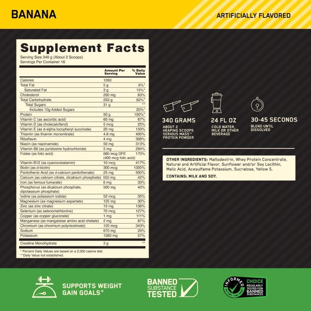 imageOptimum Nutrition Serious Mass Weight Gainer Protein Powder Mass Gainer Vitamin C and Zinc for Immune Support Creatine Chocolate Peanut Butter 6 Pound Packaging May VaryBanana