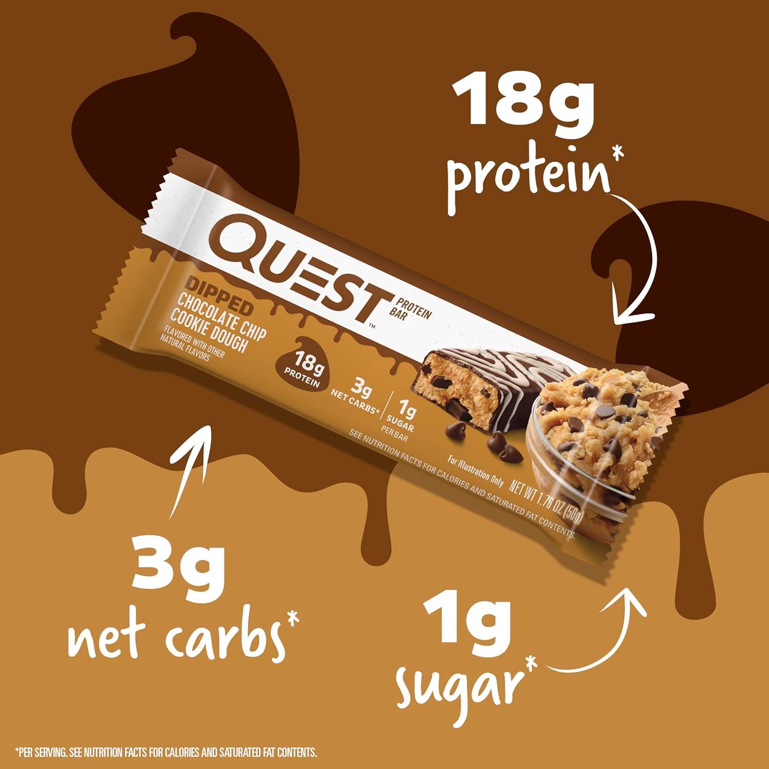 imageQuest Nutrition SMores Protein Bars 21g Protein 1g Sugar 4g Net Carb Gluten Free Keto Friendly 12 CountDipped Chocolate Chip Cookie Dough