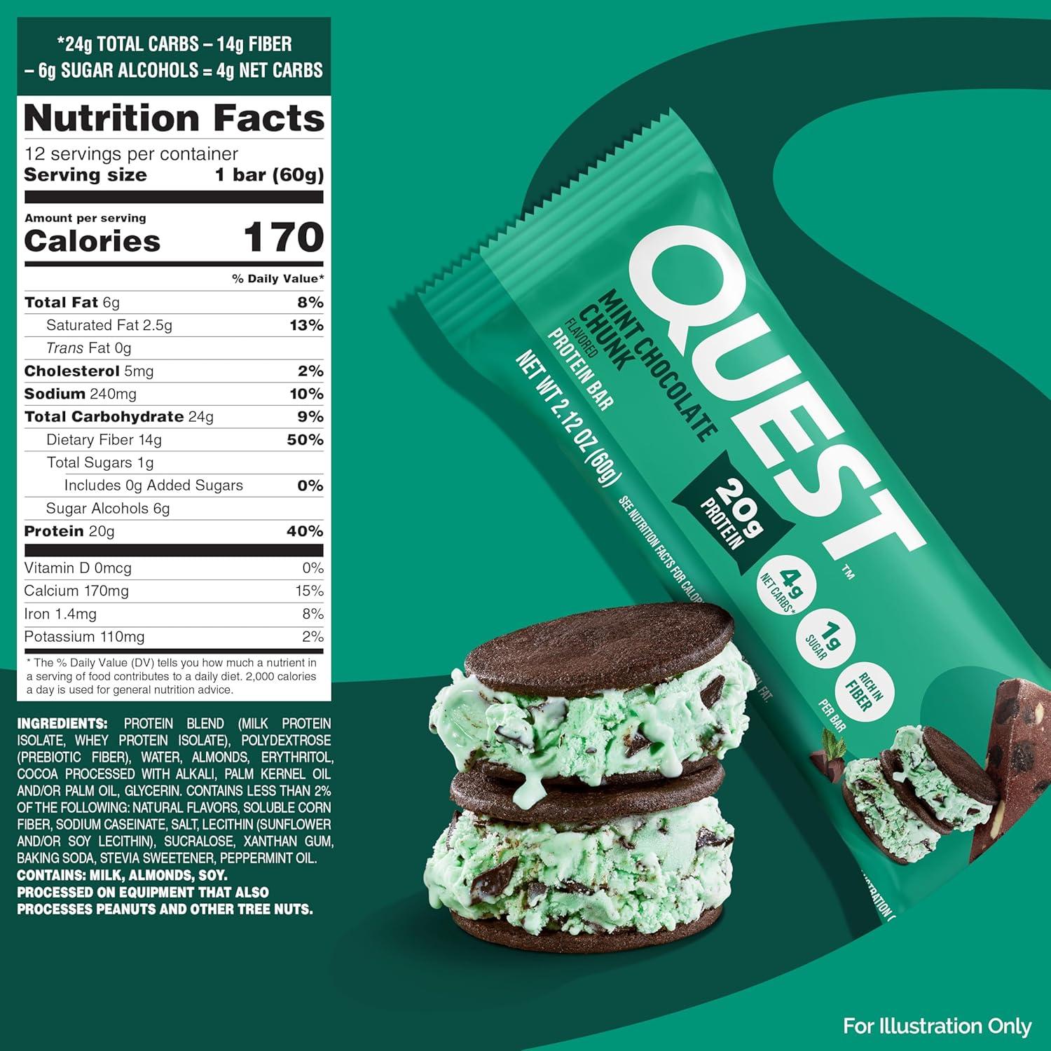 imageQuest Nutrition SMores Protein Bars 21g Protein 1g Sugar 4g Net Carb Gluten Free Keto Friendly 12 CountMint Chocolate Chunk